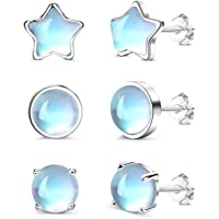 Los mejores  - CASSIECA 3 Pares Pendientes de Piedra Lunar de Plata de ley 925 Pendientes Piedra Lunar Formas de Redondos y Estrella…